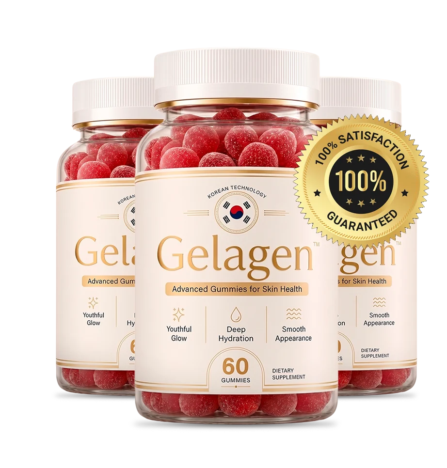 Three bottles of Gelagen Advanced Gummies for Skin Health, 60 gummies each, with a 100% satisfaction guaranteed seal