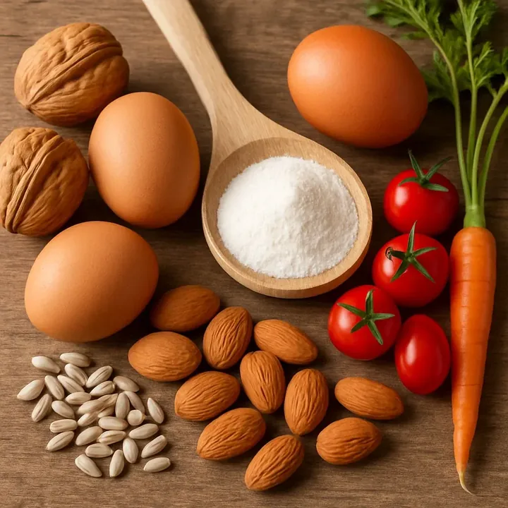 Eggs, walnuts, almonds, sunflower seeds, tomatoes and a carrot around a spoon of white powder