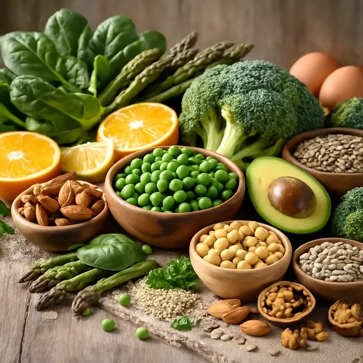 Spinach, citrus, peas, broccoli, avocado, chickpeas and seeds on a wooden table